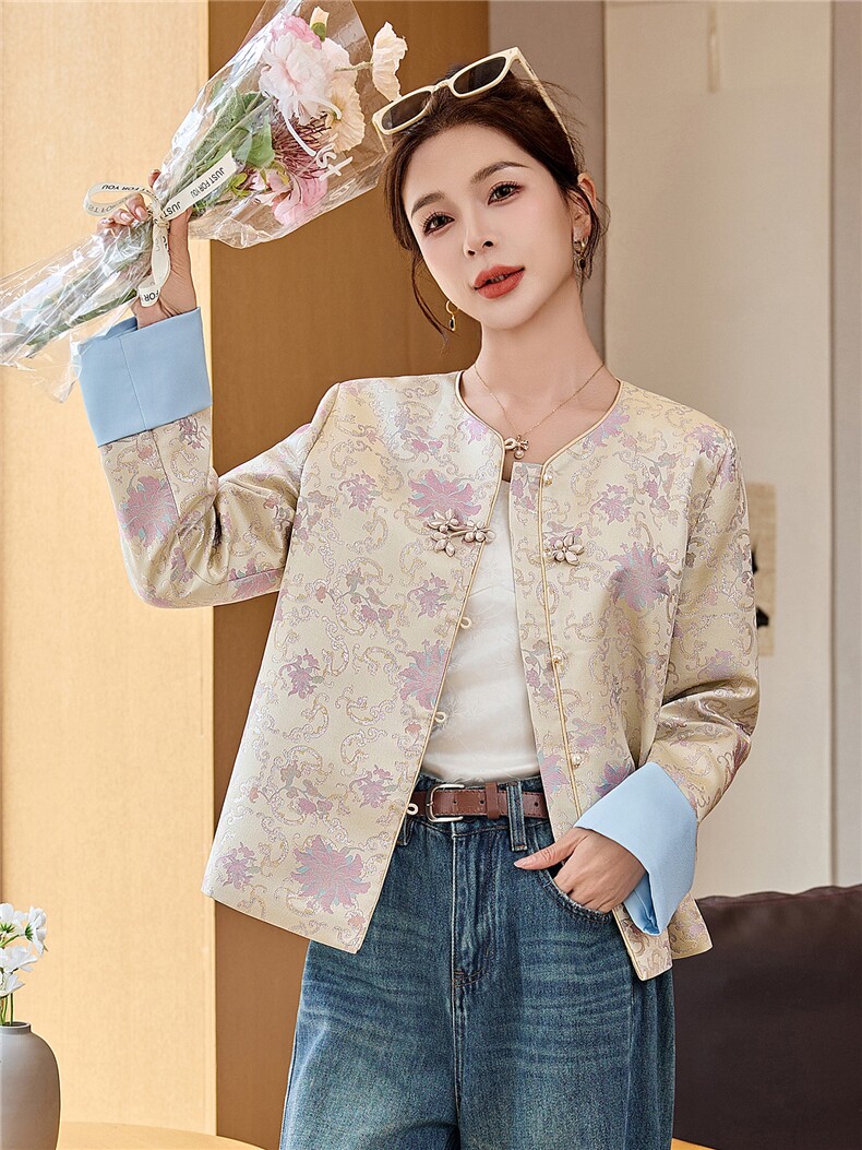 现货时尚潮流新中式宋锦巨好看提花盘扣复古春秋季女式外套,女装短外套,木橙西子