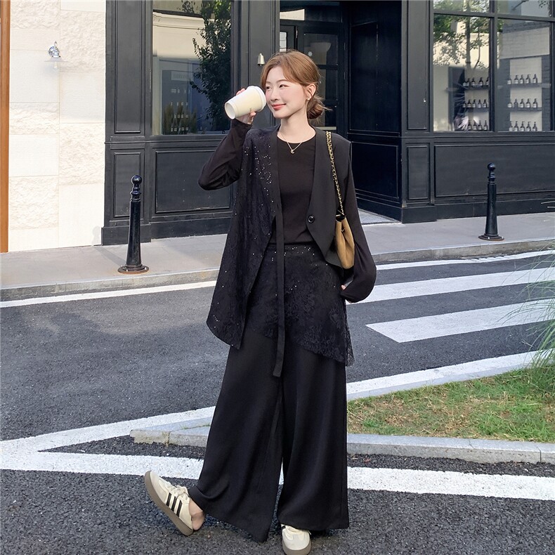 2D078-T1943-P195K298T恤+设计感亮片蕾丝拼接马甲+裤子3件套,女装套装/套裙,2D078