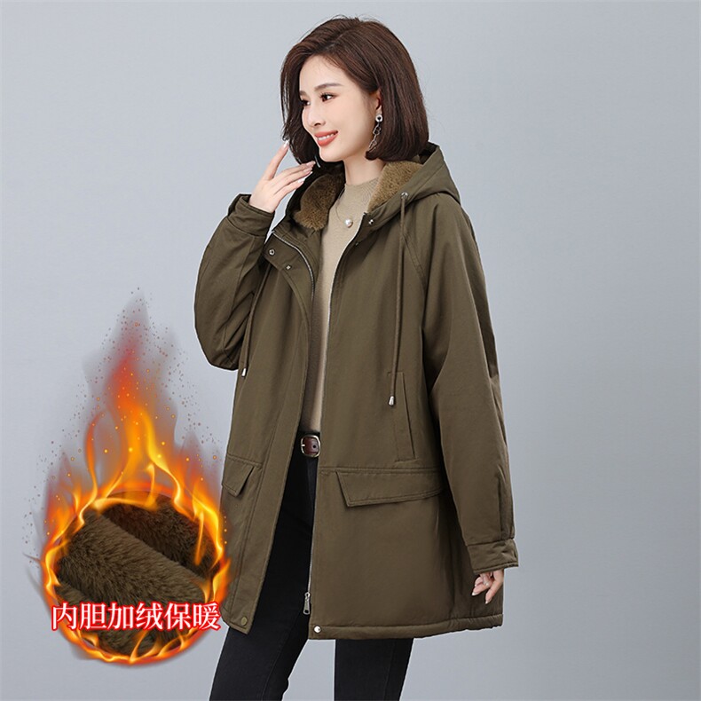 加厚棉衣中长款女2024年秋冬装新款妈妈装加绒宽松大码派克服外套,女装派克服,希欧阁