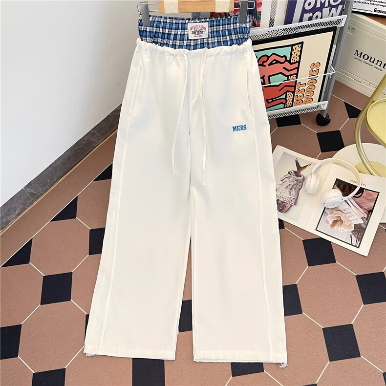 港风秋款男休闲裤假两件格子拼接贴标宽松抽绳长裤HK126 P45图片