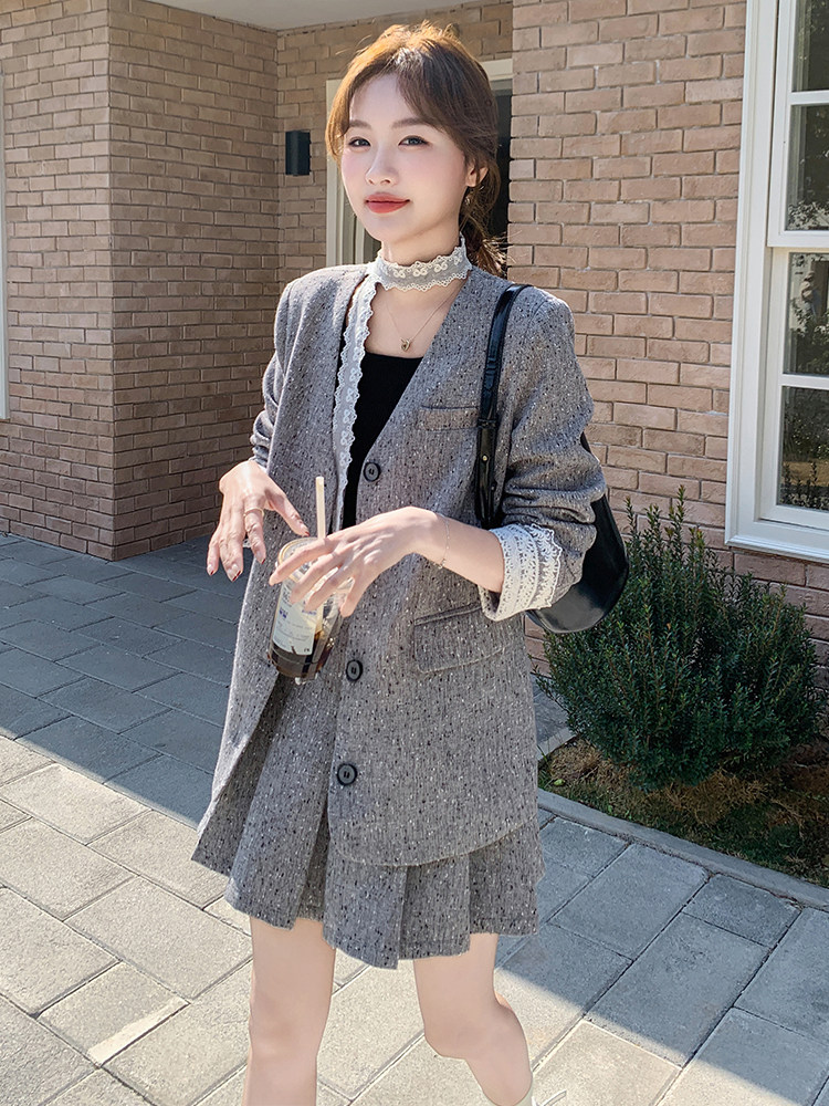 蕾丝飘带休闲西装外套女套装2025秋新款气质V领西服百褶A字短裙,女装套装/套裙,霓裳依族