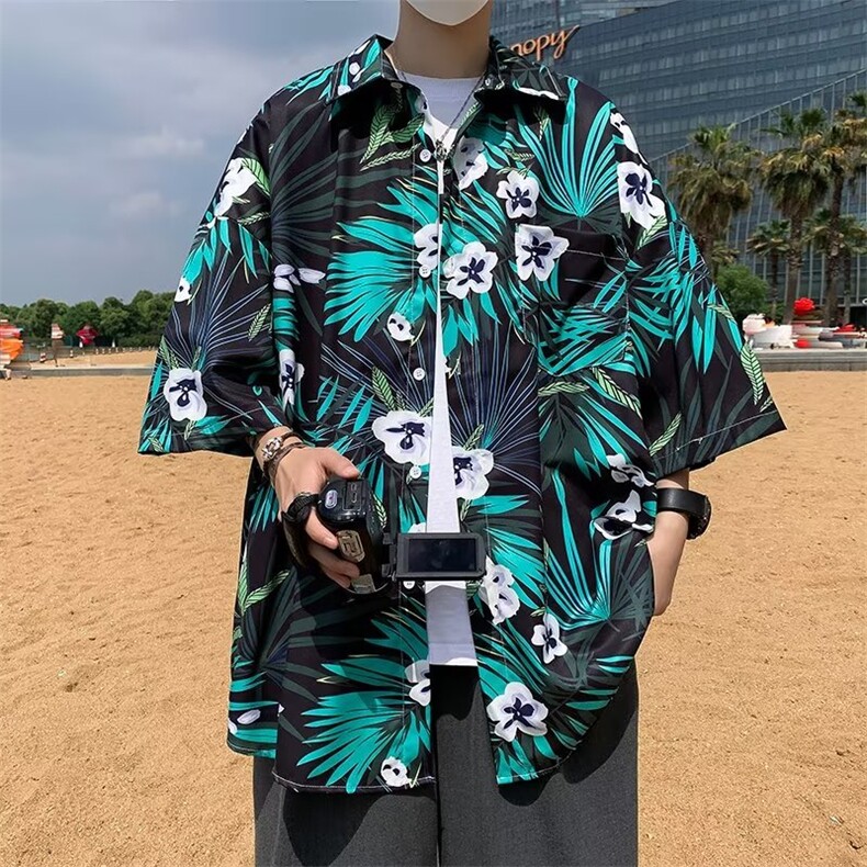 花衬衫男高级感痞帅夏季港风复古宽松休闲夏威夷短袖C2212 P30图片