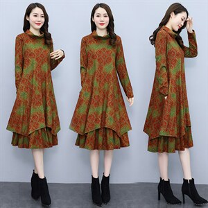 2022秋季女装新款大量现货高领民族风套头大码印花中长款连衣裙图片