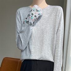 重工刺绣国风长袖针织衫春秋洋气设计感显瘦打底衫气质精纺薄毛衫，女装针织衫/毛衣，凯思米羊绒