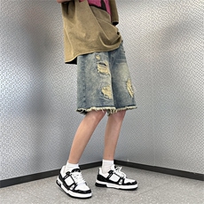 美式高街破洞毛边牛仔短裤男款夏季潮牌复古阔腿裤FM619P38，男装牛仔裤，星座1013-1