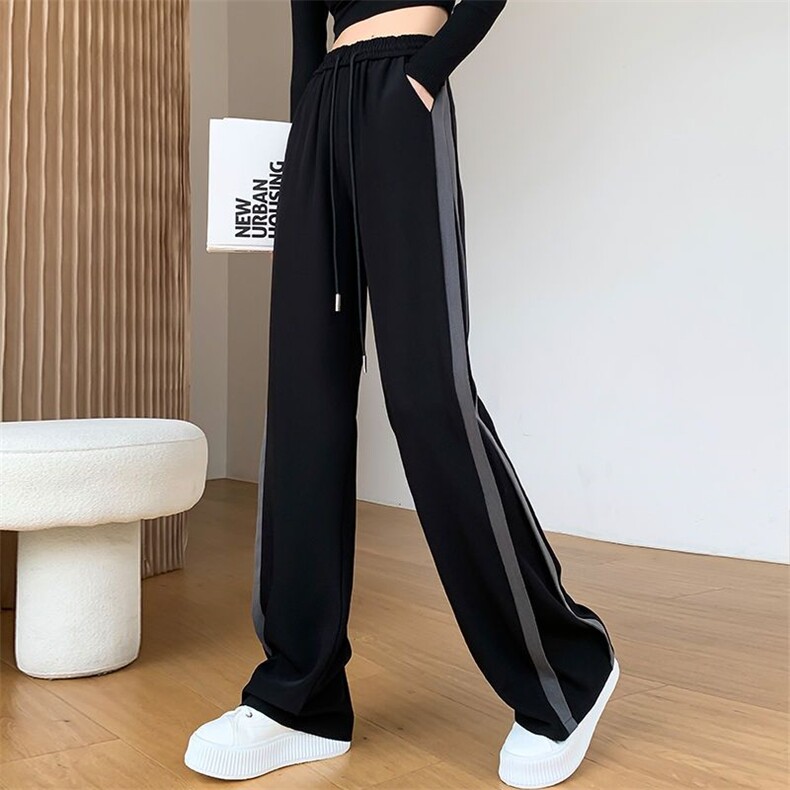 AK2345-P40冰丝黑色阔腿裤垂感撞色拼接薄款高腰直筒裤休闲裤子，女装休闲裤，星座617A-2