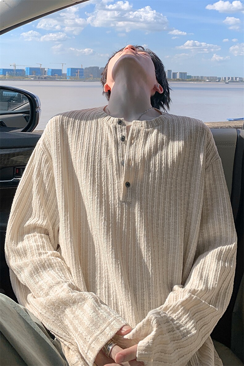 老钱风竖条纹纹理感亨利领大码日系长袖T恤男T24529-特P33控65,男装T恤,电商A001-1