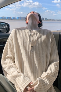 老钱风竖条纹纹理感亨利领大码日系长袖T恤男T24529-特P33控65图片