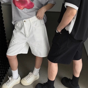 美式复古港风阔腿五分休闲牛仔短裤男百搭宽松直筒短裤图片