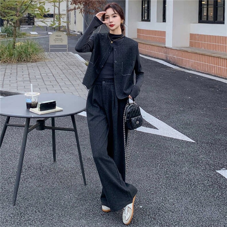 韩版时尚休闲套装修身显瘦马甲外套内搭深灰打底衫阔腿长裤三件套,女装套装/套裙,2C310