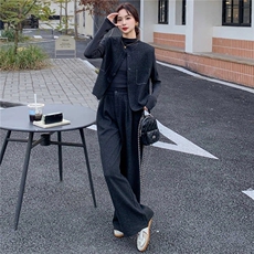 韩版时尚休闲套装修身显瘦马甲外套内搭深灰打底衫阔腿长裤三件套，女装套装/套裙，2C310
