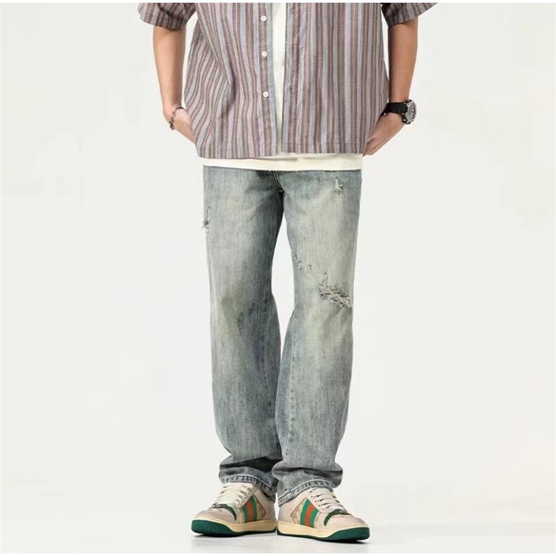 复古牛仔裤男美式高街vibe男生破洞直筒裤潮牌垂感阔腿裤NZ3110，男装牛仔裤，星座516A