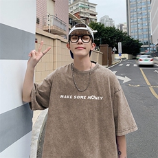 得物品质纯棉重磅水洗潮牌青少年宽松圆领短袖T恤B219-Y328-P35，男装T恤，电商B219