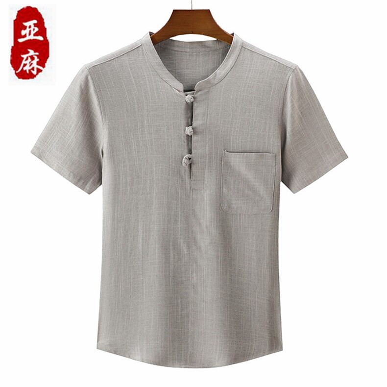 主推新款夏男款中老年风亚麻短袖T恤棉麻套头爸爸装上衣半袖图片