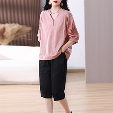 休闲运动套装女夏短袖运动服洋气七分裤时尚高级感妈妈装两件套，女装套装/套裙，涵誉