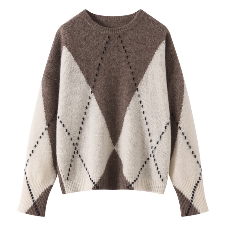 2025年秋季新款虚线菱形格针织圆领上衣时尚休闲通勤百搭，女装羊绒衫，多娇羊绒