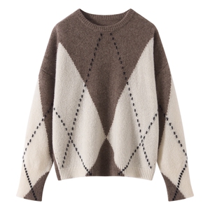 2025年秋季新款虚线菱形格针织圆领上衣时尚休闲通勤百搭，女装羊绒衫，多娇羊绒