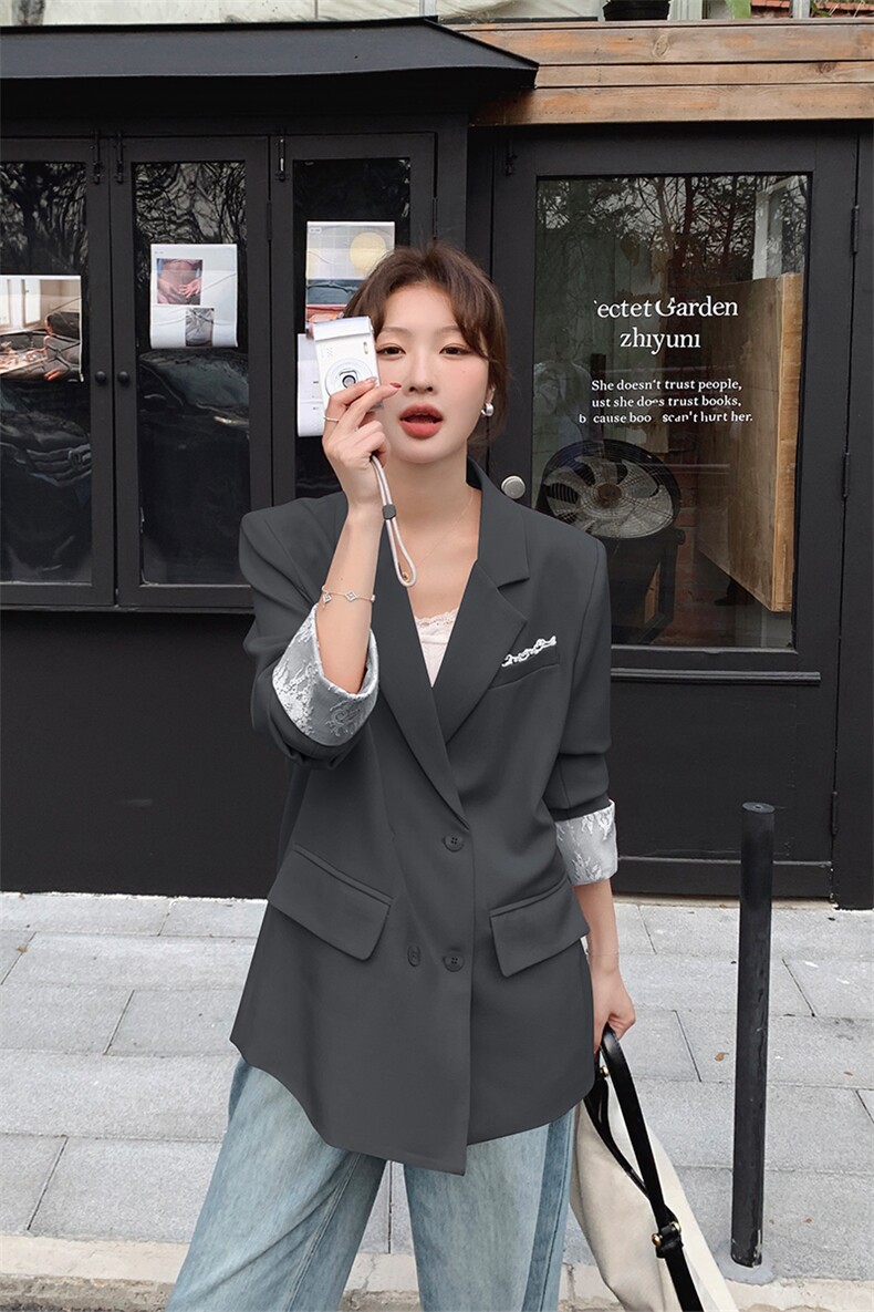 高级感双排扣西装外套女2025春季新款韩版气质通勤灰色休闲小西服,女装西装,2C015