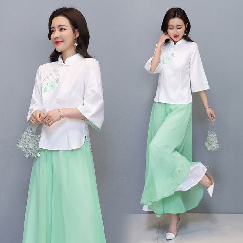芷墨原创时尚飘逸上衣阔腿裤两件套装茶服,女装套装/套裙,芷墨服饰