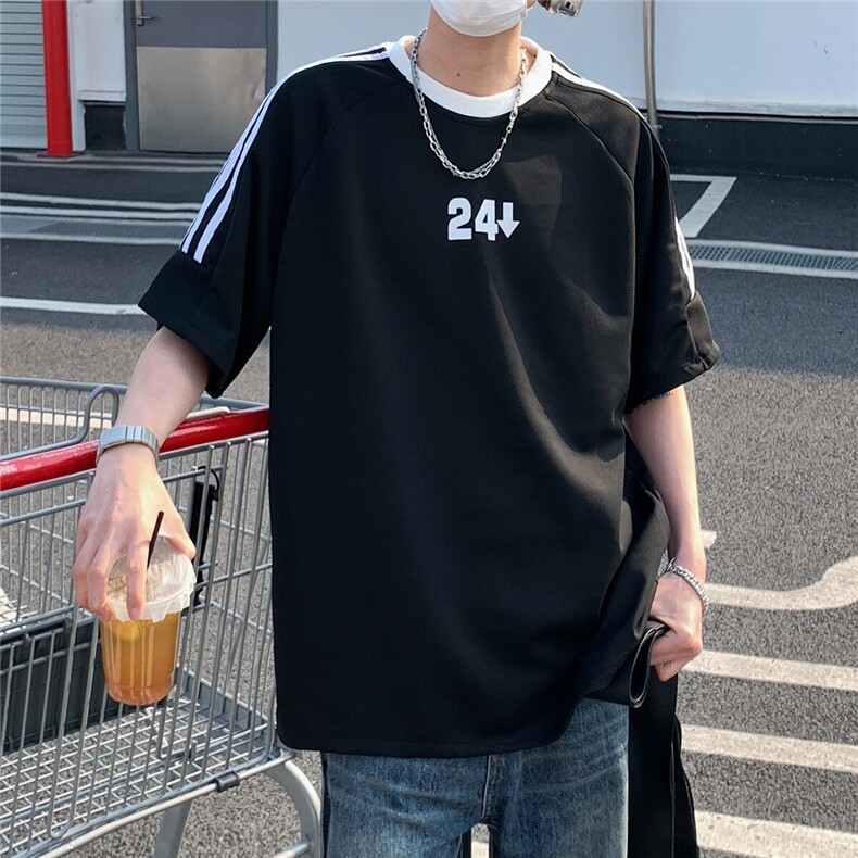 2026夏装新款薄款织带拼接短袖印花五分袖T恤T6606/特P30黑色2,男装T恤,电商A094