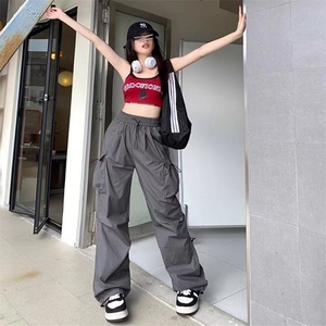 美式ins高街夏季高腰宽松显瘦百搭工装裤女抽绳束脚阔腿休闲裤子图片