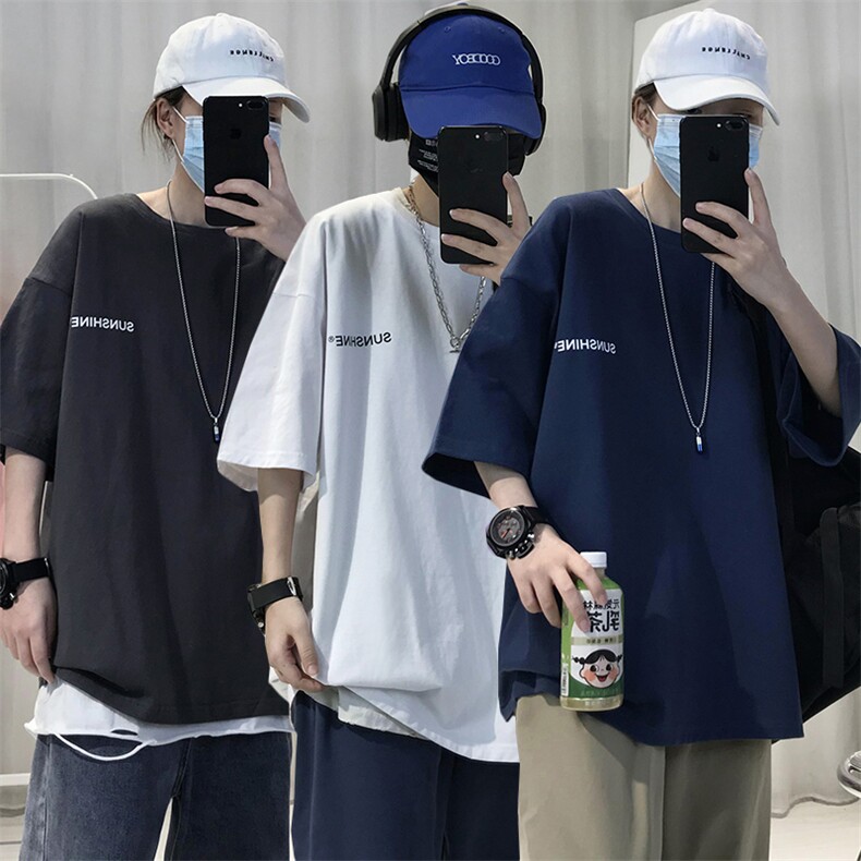 T06常年款男士休闲字母印花T恤衫外套圆领半袖五分袖TEE男女中性图片