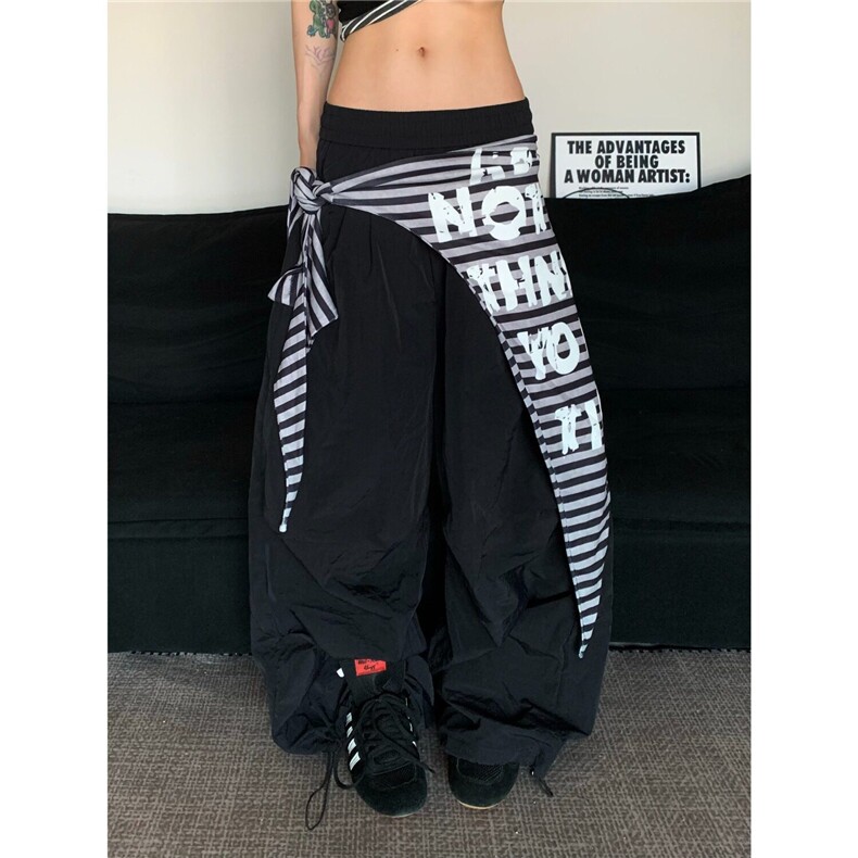 W10139-P48网图现货美式条纹字母屁帘叠穿褶皱伞兵裤百搭阔腿裤，男装休闲裤，星座1608-2