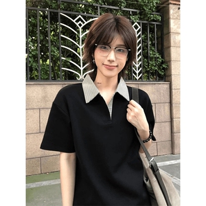 得物抖音高品质二开 夏季美式潮牌假两件格子衬衫翻领高街短袖T恤图片