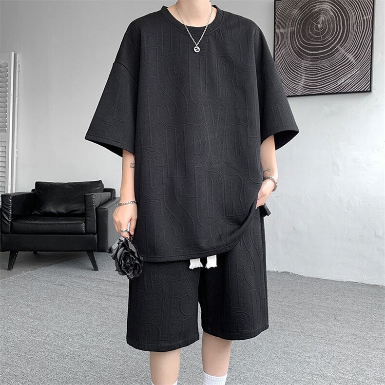 套装男夏季新款港风宽松设计字母短袖五分裤一套TZ8352-P45，男装休闲套装，星座214-3