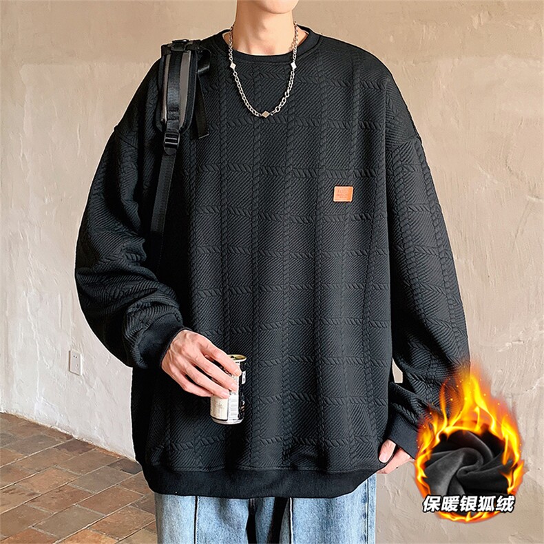 2025冬装圆领加绒卫衣格子大码男纹理提花W678J/特P35黑色,男装卫衣,电商A094