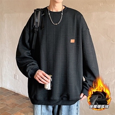 2025冬装圆领加绒卫衣格子大码男纹理提花W678J/特P35黑色，男装卫衣，电商A094