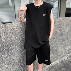 冰丝速干无袖t恤男夏季新款短袖短裤套装潮流宽松坎肩背心两件套，男装T恤，星座410-7