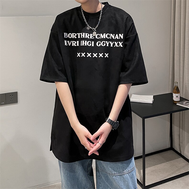 港风2026夏装新款宽松麂皮绒印花短袖T恤夏季体恤A071-T10-P30,男装T恤,电商A071