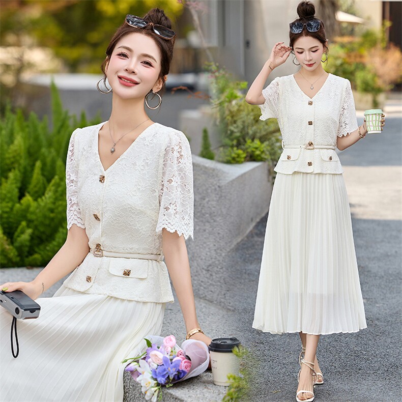连衣裙2025新款今年流行爆款气质蕾丝雪纺搭配腰带连衣裙假，女装连衣裙，然然