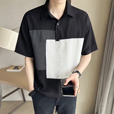 夏季男士休闲透气凉爽衬衣拼接条纹设计上衣，男装衬衫，星座1013