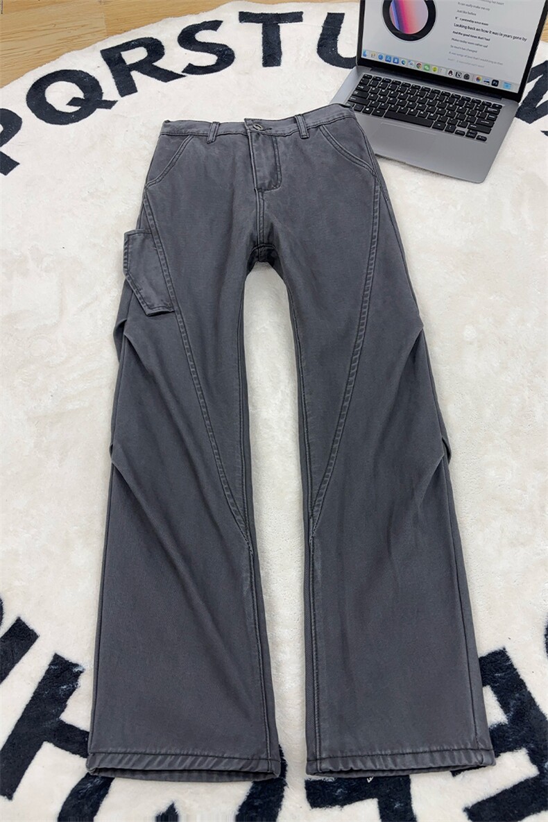 B221美式ins高街斜切宽松加绒洗褪工装牛仔裤LK25602-特P60控108,男装牛仔裤,电商B221