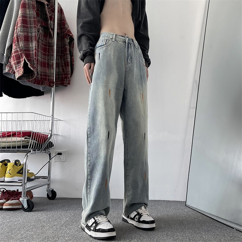 春季新款高街美式复古漆点泼墨牛仔裤男长裤N7261-P43,男装牛仔裤,星座308B-2