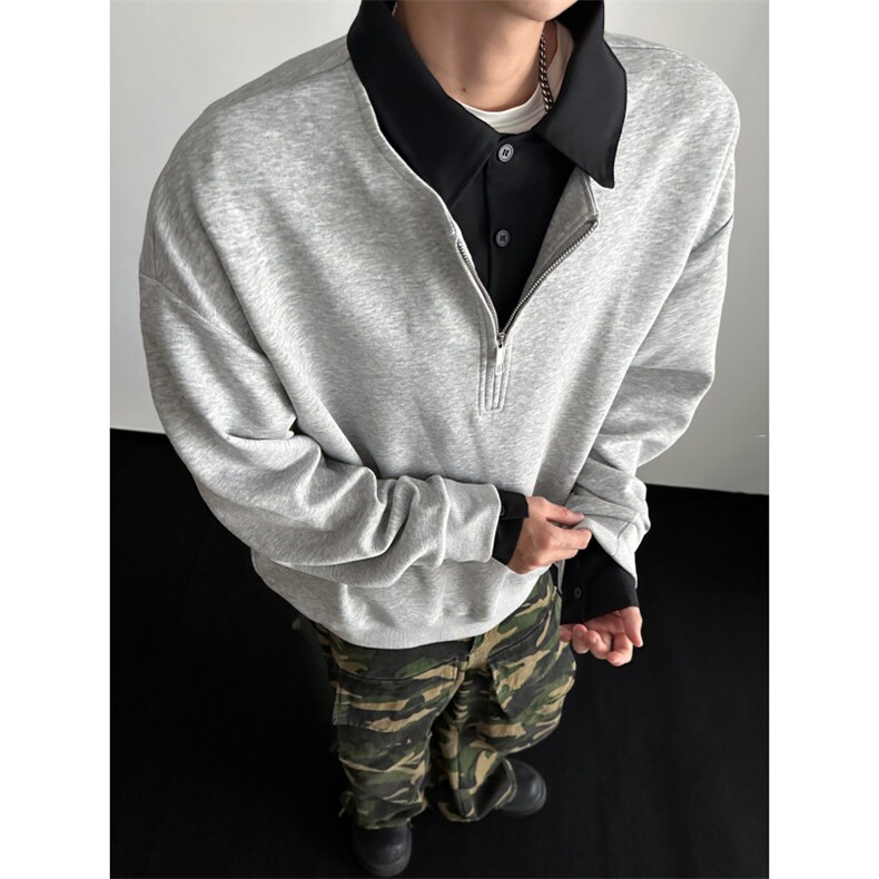 WY810-尺码M-3XL-P50-撞色衬衫领假两件cleanfit套头半拉链卫衣,男装衬衫,星座1811B