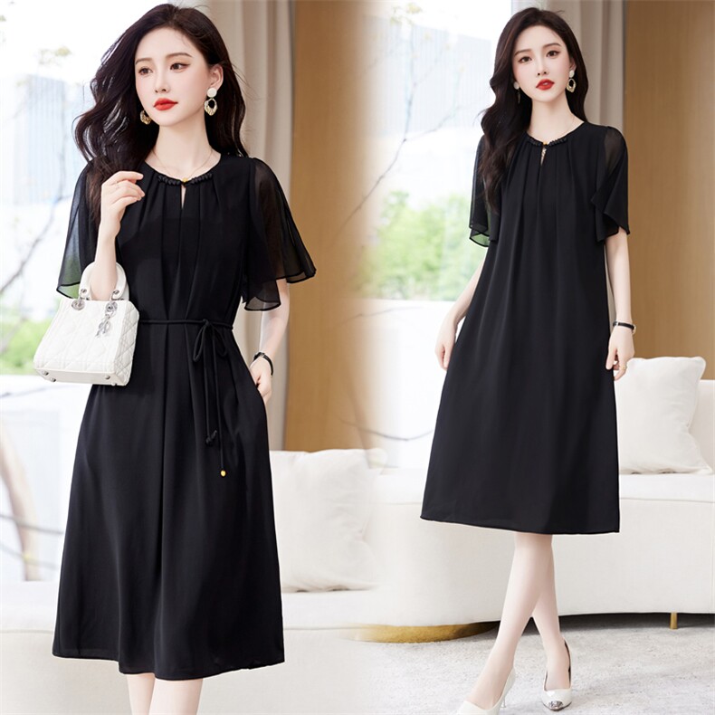 纯色简约桑蚕丝连衣裙轻奢气质女装2024新款夏季圆领真丝中长裙，女装连衣裙，时尚俏佳人