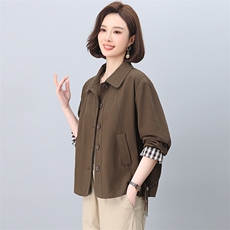 中年妈妈纯棉风衣外套女短款2025春秋新款小个子宽松大码夹克上衣，女装短外套，忆绮罗