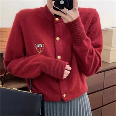 洋气英伦红色~学院风针织毛衣外套202春装新款圆领徽章女开衫秋冬，女装羊毛衫，佑昭祥羊绒