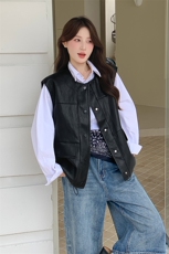 黑色高级感皮衣时尚洋气2025秋新款pu皮马甲圆领外套女，女装皮衣，2C229