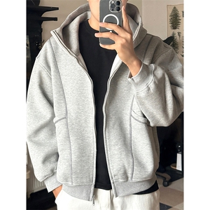 抖音得物高品质秋冬美式高街重磅结构辑明线纹理连帽卫衣外套W111图片