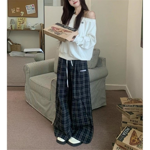 美式格子阔腿裤男女宽松休闲直筒垂百搭感拖地长裤子 K662图片