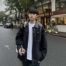 24春季翻领PU皮拼接仿麂皮绒夹克美式撞色痞帅外套Jk07-P85控118，男装夹克，星座218-5