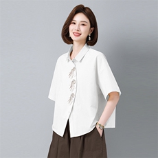 新中式刺绣衬衫女夏季新款妈妈休闲遮肚子显瘦阔腿裙裤，女装衬衫，秋牧寒烟