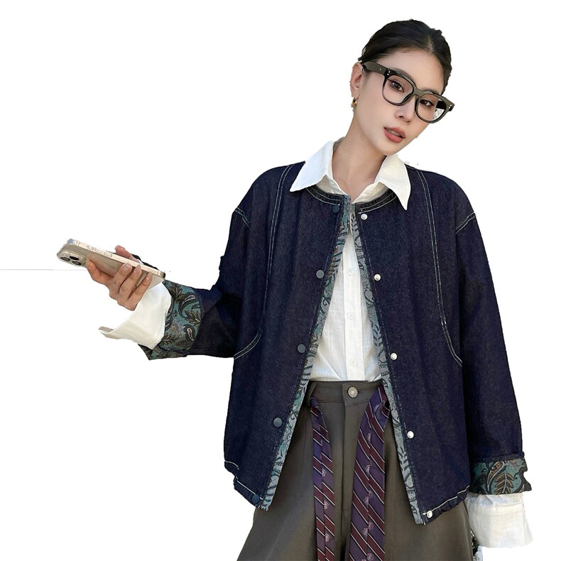 2025秋装新款复古休闲宽松圆领牛仔外套,女装牛仔外套,深水步
