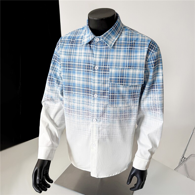 春季新款渐变晕染流动感格纹衬衫C0559-P58，男装衬衫，星座308B-2