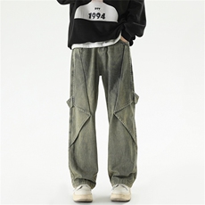 221-1高品质复古重工水洗黄泥色阔腿牛仔裤K9058-P60控88，男装牛仔裤，星座221-1