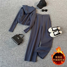 设计高级感休闲运动套装女秋冬新款气质减龄连帽卫衣直筒裤两件套，女装套装/套裙，江南